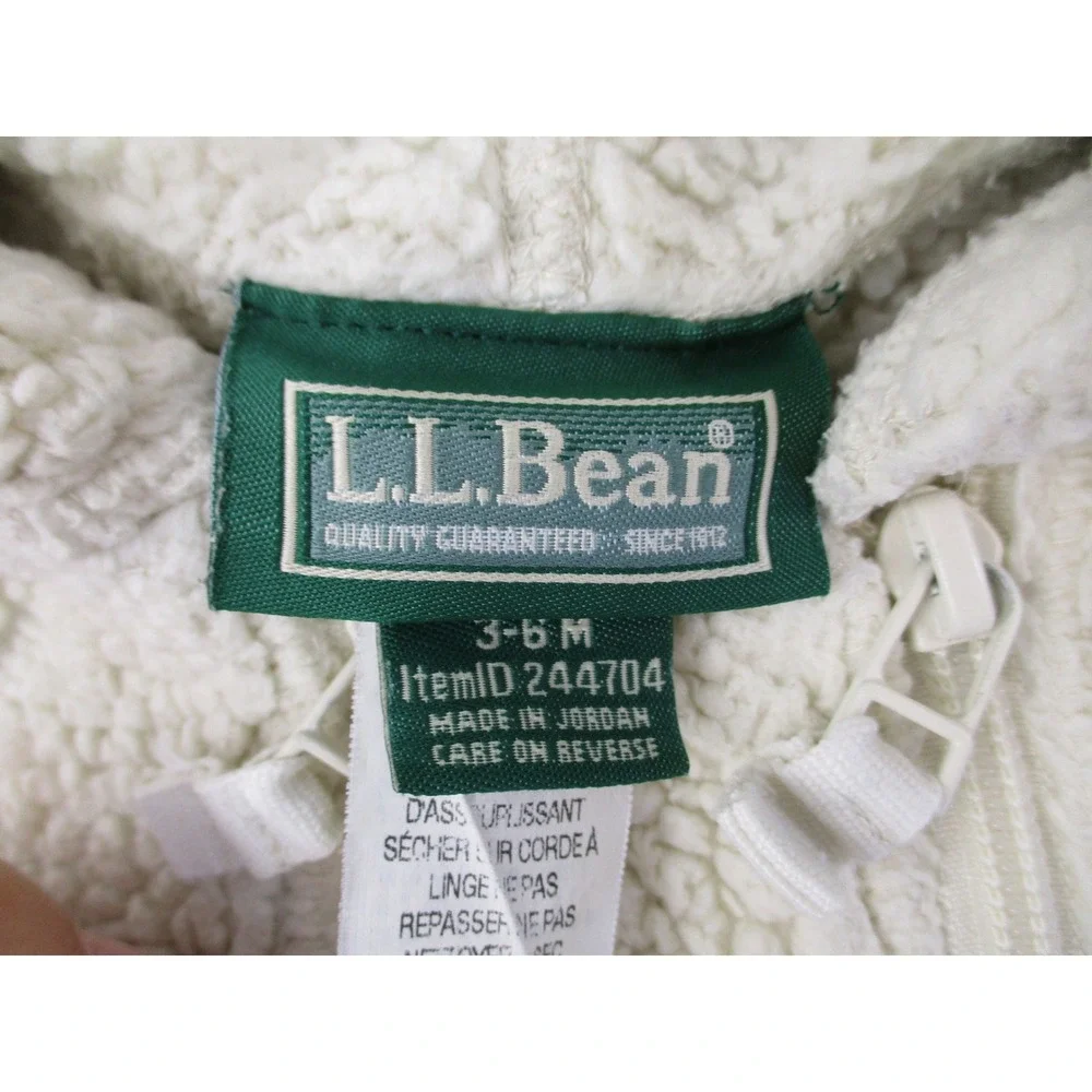 LL Bean Fleece Bunting Unisex 3-6M Cream Hi-Pile Sherpa Bear Ear Hood 244704